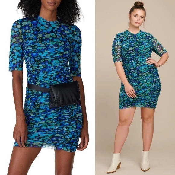 GANNI Floral Ruched Stretch Tulle Short Sleeve Crew Neck Bodycon Sheath Dress XS - Picture 3 of 16